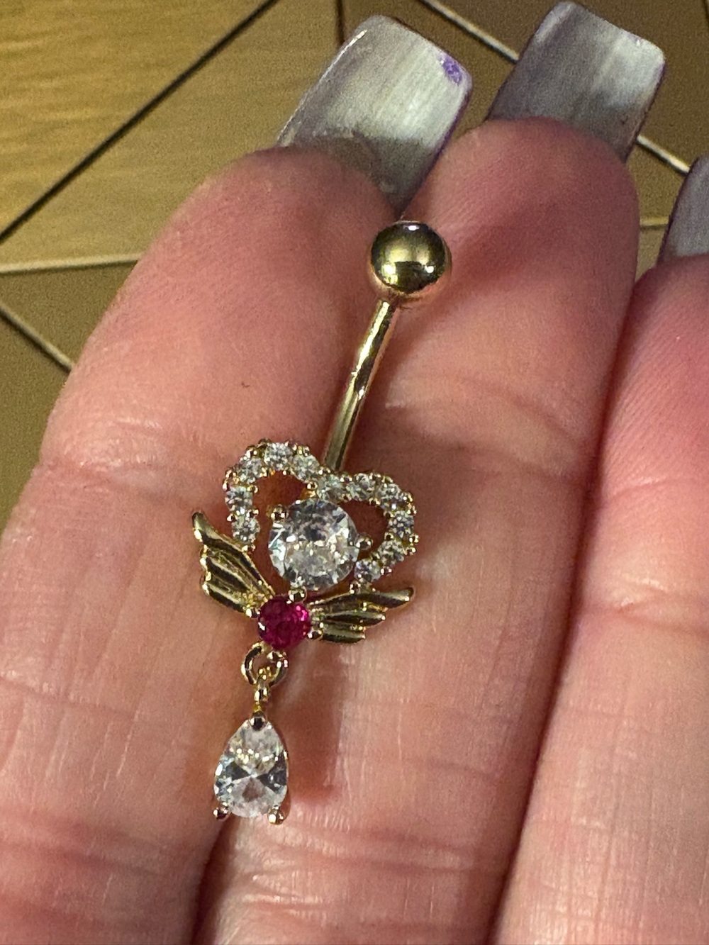 Belly Ring-Dangling Heart Gold Tone Tear Droo Naval  Ring Copper Zirconia